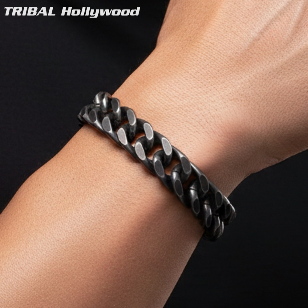 NEW Antiqued Silver 8.5” Thick 12MM Wide Cuban Chain Bracelet w/Box